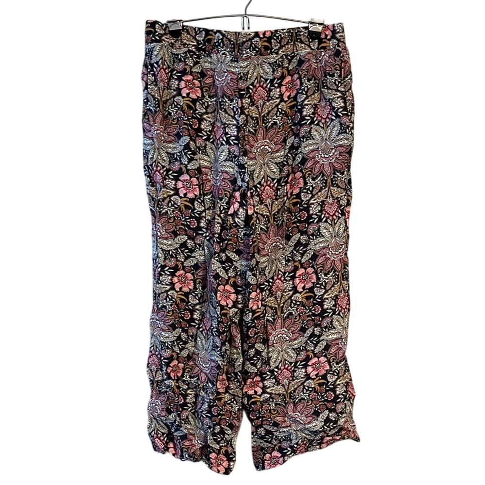 LOFT Wide Leg Cropped Flowy Drawstring Floral Pants Black Pink Women's Medium‎ - Picture 4 of 5